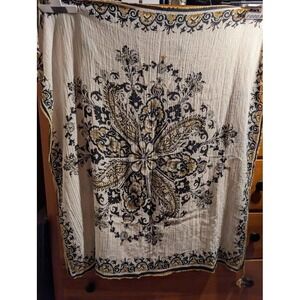 Boho Floral Medallion Tassel Scarf Wrap Shawl Navy Gold Cream Lightweight 36x38
